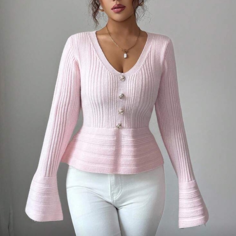 Pink Ribbed Button-Up Sweater - Picture 6 of 15